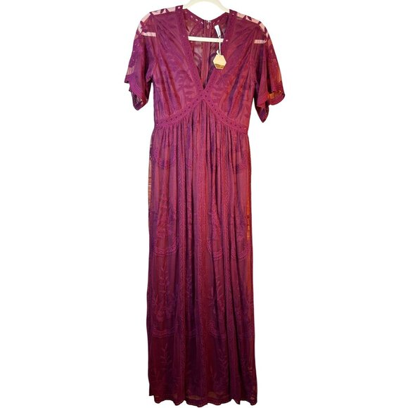 PinkBlush Maternity Size S Embroidered Lace Maxi Dress Short Sleeves Wine - Picture 1 of 11